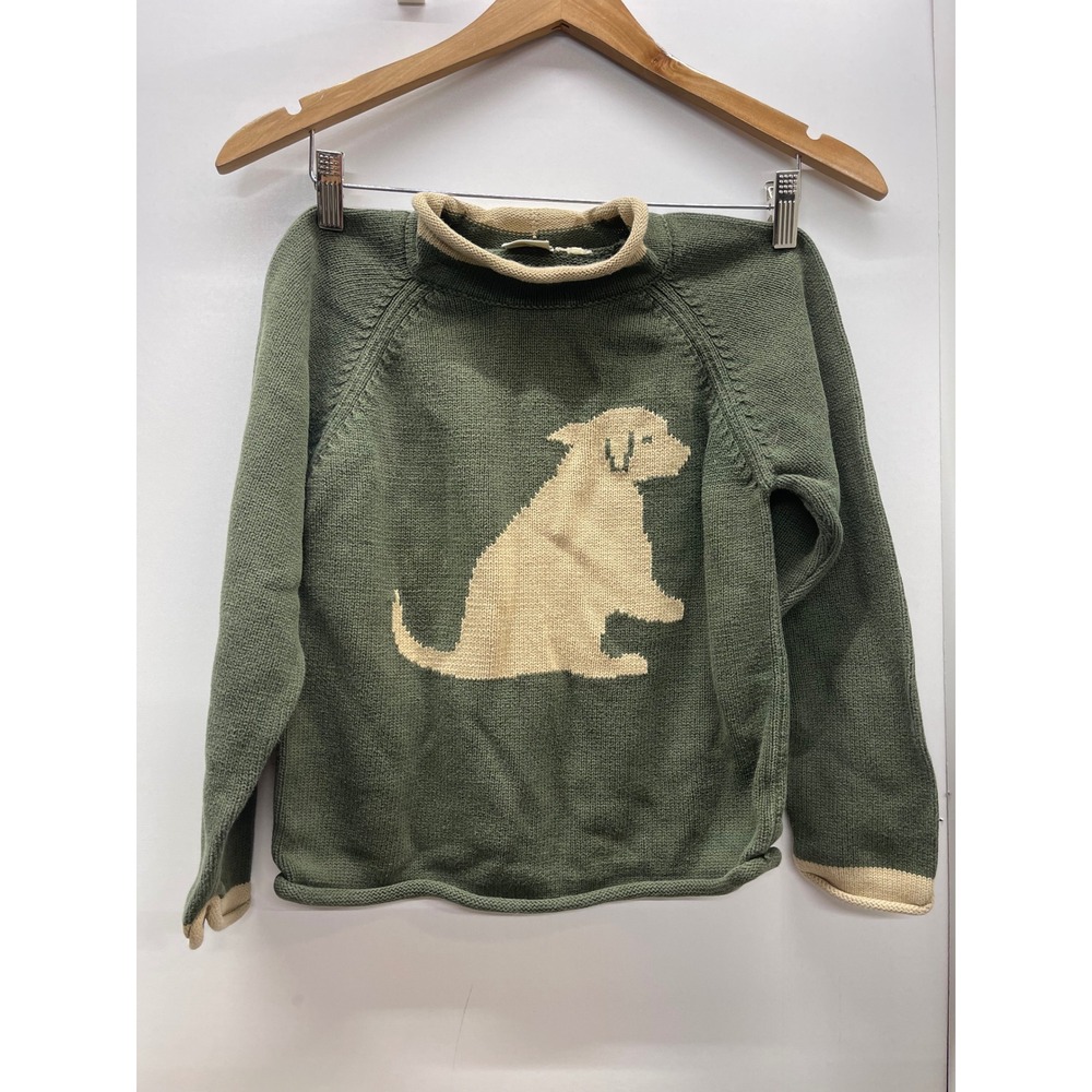 LL Bean Kids Dog Intarsia Knit Sweater Green Paw Print Rolled Neck Pullover